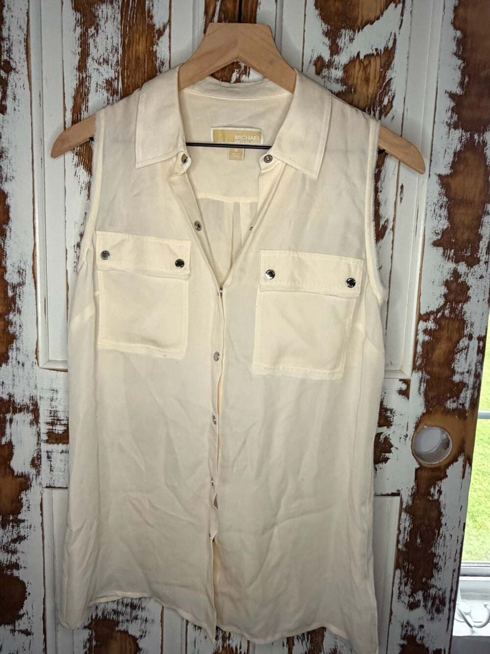 Michael Kors 100% Silk Cream Sleeveless Button Down Utility Blouse